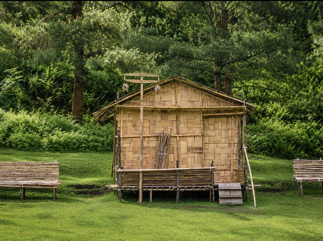 A woven bamboo house raised on posts, with pine forest behind it