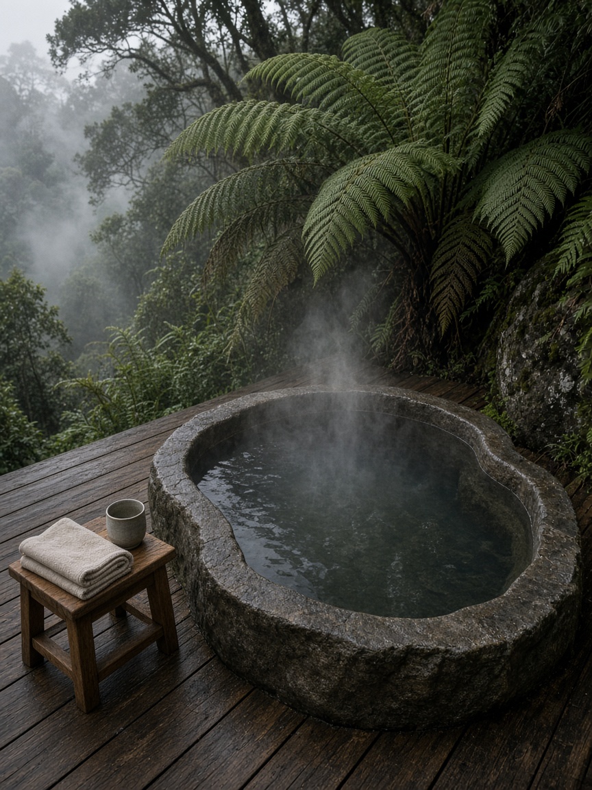 A stone soaking tub on a wooden deck, steam rising, giant ferns and fog beyond