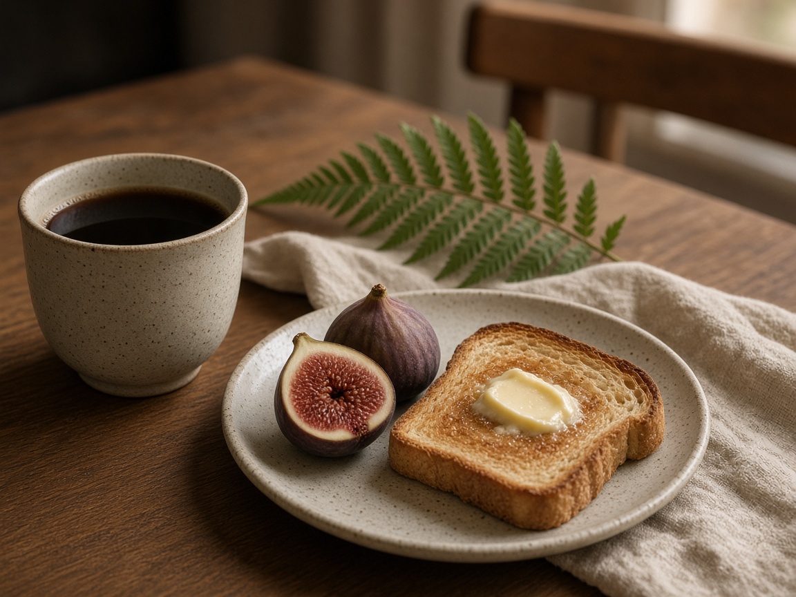 Black coffee in a speckled cup, toast with butter, and figs on a linen napkin