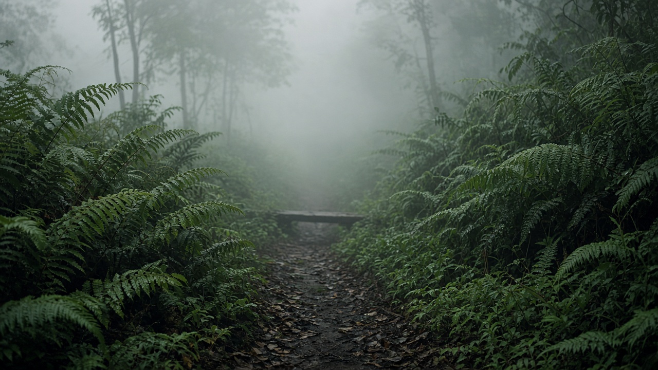 A narrow footpath through wet ferns, disappearing into thick morning fog