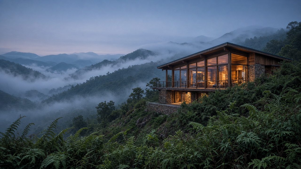A timber and stone house glowing on a misty ridge at dawn, ferns in the foreground