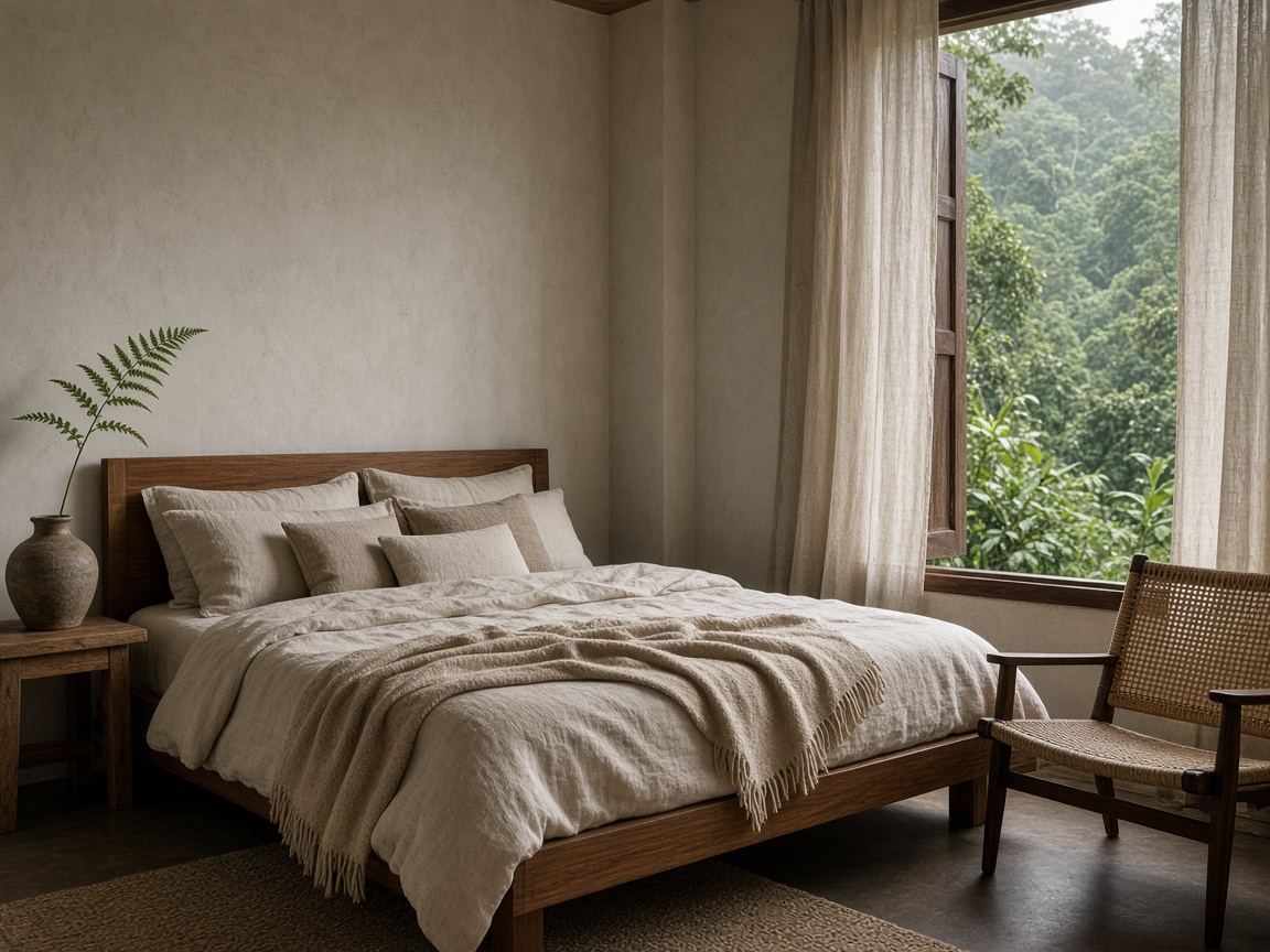 A teak bed in oatmeal linen, a fern in a clay vase, and a window open to the forest