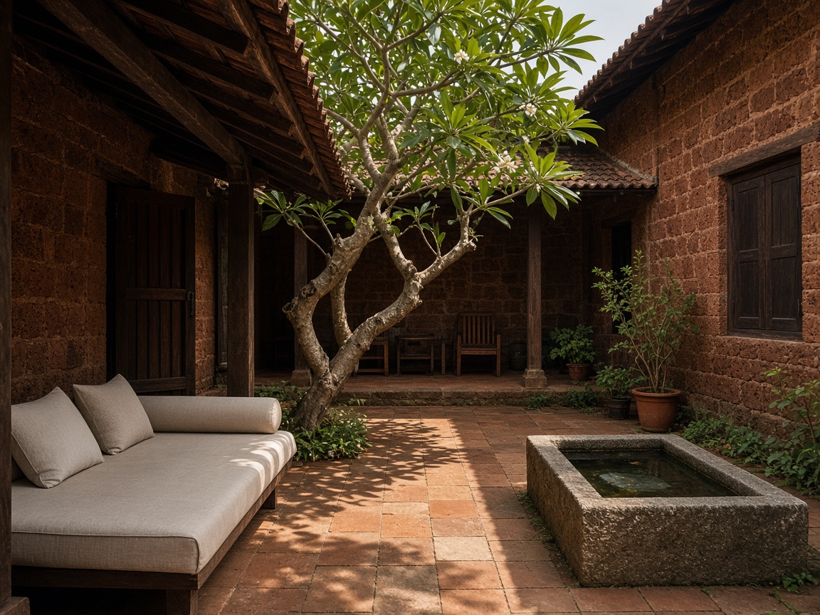 A laterite courtyard with a frangipani tree, a linen daybed, and a square stone water basin