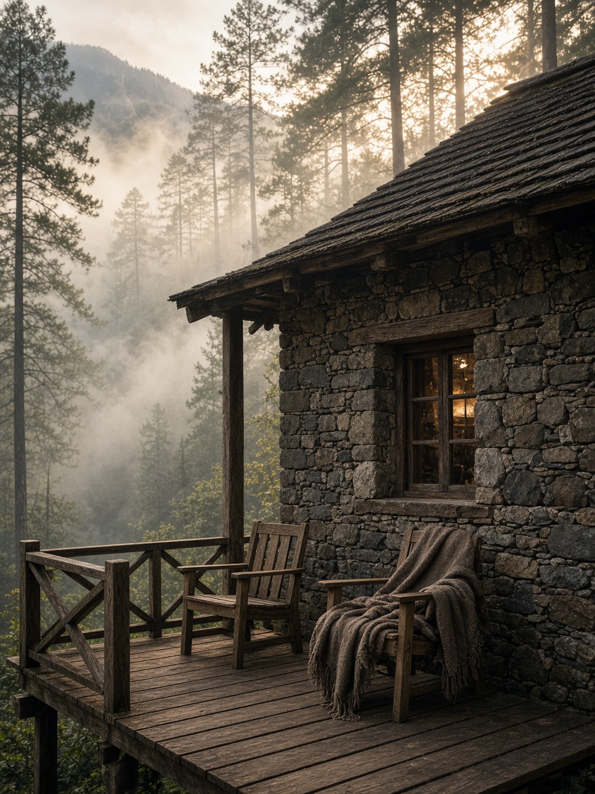 A stone cottage porch with two wooden chairs, one draped in a wool blanket, pine forest in the fog