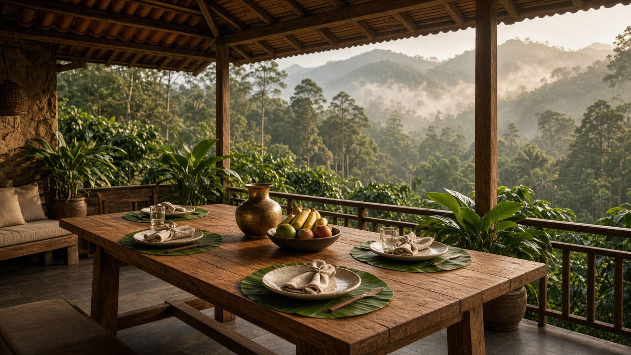 A long teak table set with banana leaves and ceramics on an open veranda above a misty forest